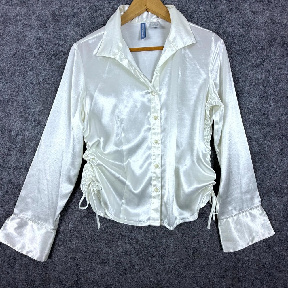 Canyon River Blues Shirt Women Large White Satin Side Drawstring Office Siren